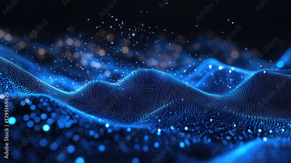 Leinwandbilder a futuristic digital wave of glowing blue dots and particles flows against a dark background, creati