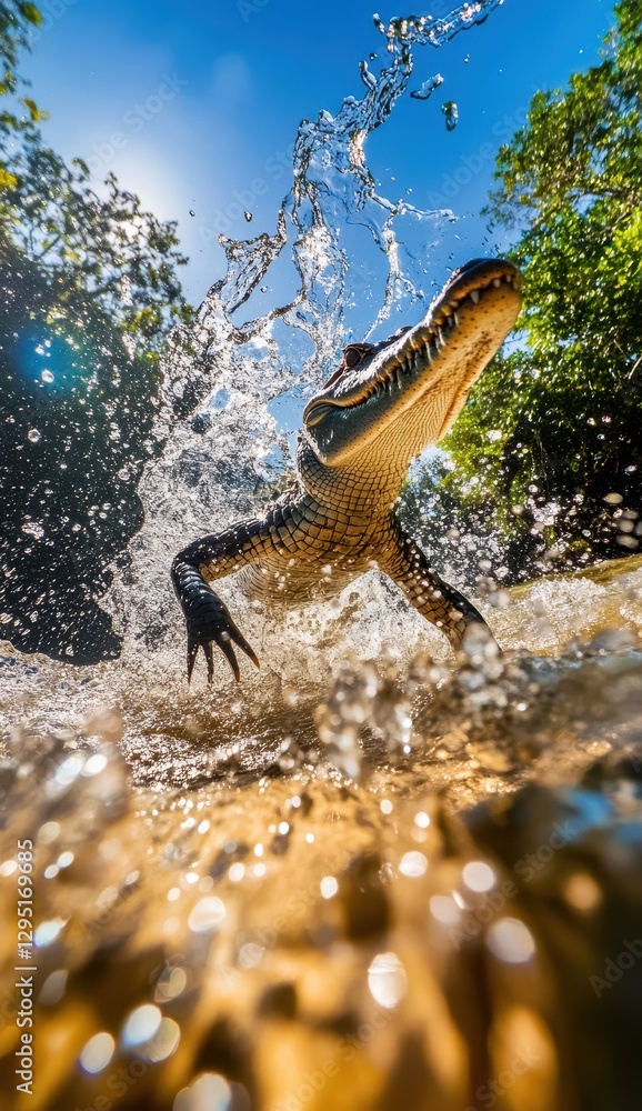 Poster dynamic close-up of a crocodile emerging from water with splashes in lush jungle environment under b