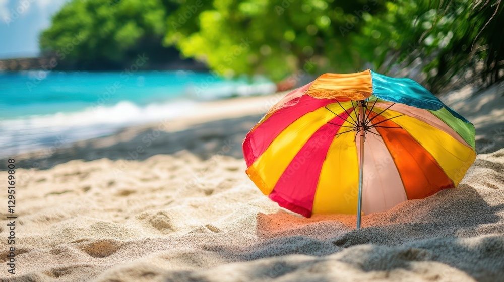 Wall mural A vibrant umbrella rests on a sandy beach, contrasting against the clear blue ocean waves in the background, creating a perfect summer scene.