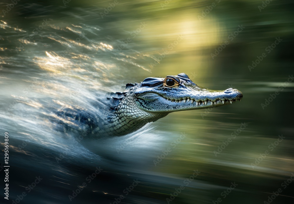 Poster dynamic close-up of a crocodile swimming rapidly through water with motion blur effect capturing the