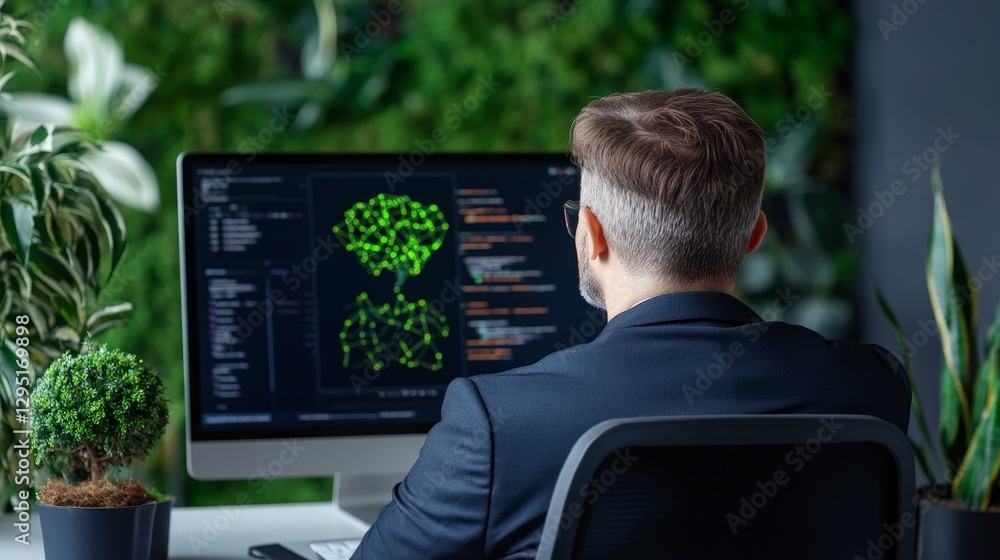 Poster professional man analyzing data visualization on computer in modern workspace