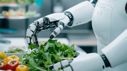 Robotic Hand Preparing Fresh Vegetables in Modern Kitchen Setting