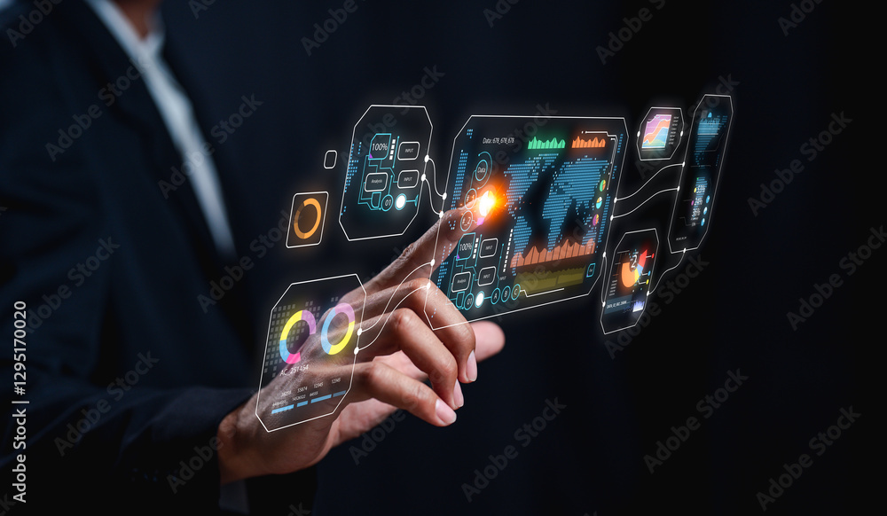 Poster a person interacts with digital holographic displays showcasing data and analytics in a futuristic s