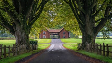 Obraz premium A luxurious home entrance framed by two towering shade trees.