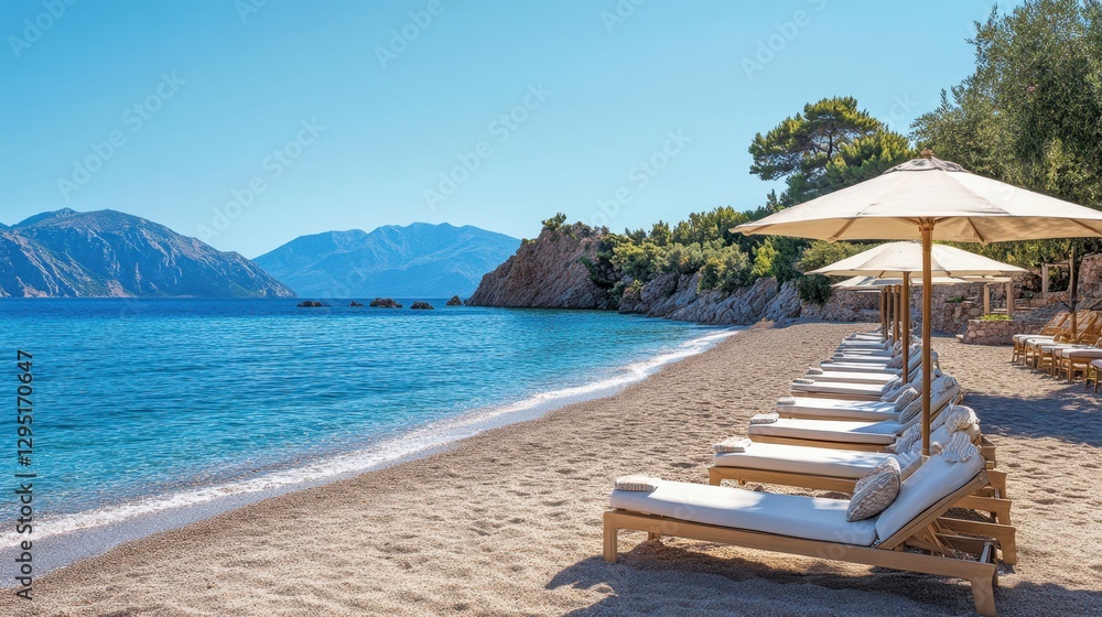 Wall mural A vibrant beach scene filled with numerous lounge chairs and colorful umbrellas, inviting relaxation under the warm sun and gentle waves.