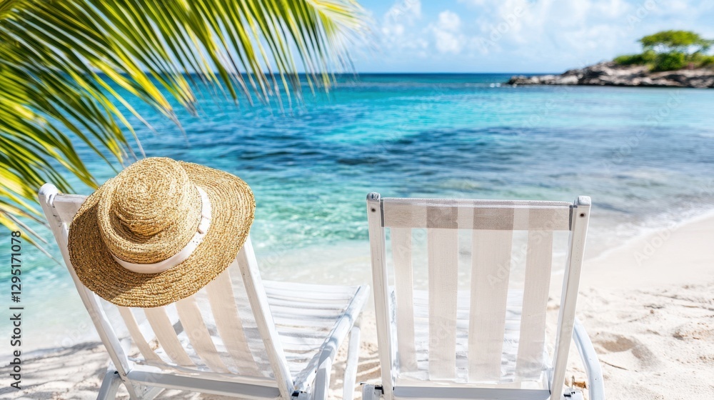 Wall mural A sunhat rests on a chair, positioned on a sandy beach, highlighting a serene coastal scene perfect for relaxation and leisure.