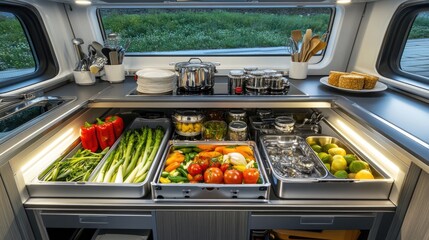 A modern, compact kitchen with hidden storage solutions and sleek appliances.