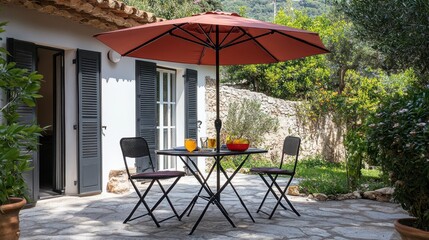 Obraz premium A cozy patio setup featuring a table, chairs, and a large umbrella for shade, perfect for outdoor dining and relaxation.
