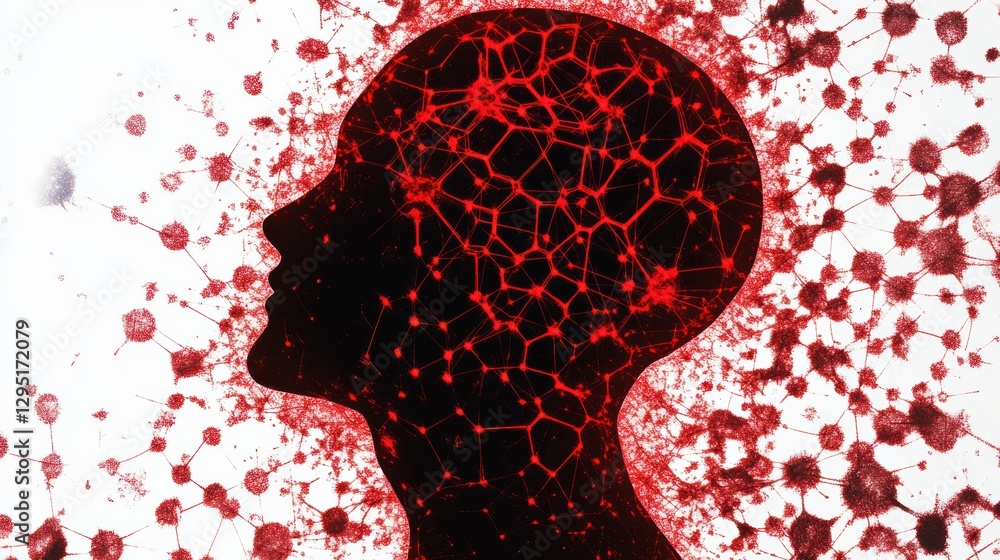Aufkleber Human head silhouette filled with interconnected AI nodes and cosmic patterns in a cyberpunk environment. Generative AI