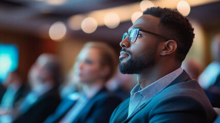 Engaging audience member captivated by a speaker during a dynamic conference held in a modern venue