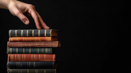 Hand Hovering Over Stack of Vintage Books