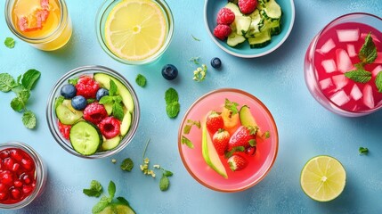 Naklejka premium A vibrant display of various fruits arranged in bowls atop a blue surface, showcasing a colorful assortment of nature's bounty.