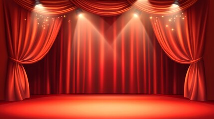 Illuminated closed red curtain on stage with spotlight highlighting performance area and creating an anticipatory atmosphere