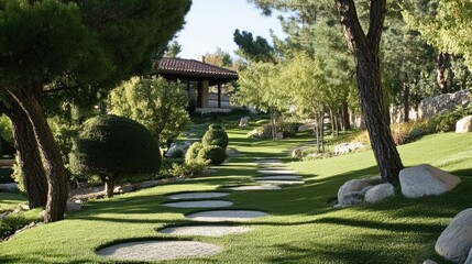 Naklejka premium A park-like home landscape featuring majestic, relocated trees.