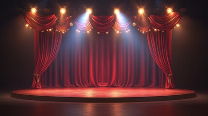 Closed red curtain illuminated by warm spotlights on a theater stage ready for a performance