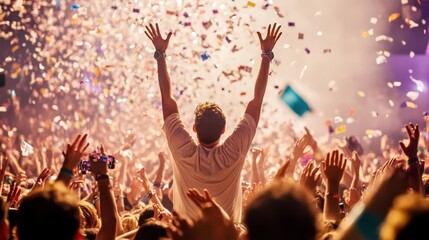 A lively concert scene featuring giraffes among a crowd, with colorful confetti cascading from above, creating a festive atmosphere.