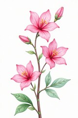 Fototapeta premium Delicate pink watercolor flowers on a vine against a white background, pink, botanical