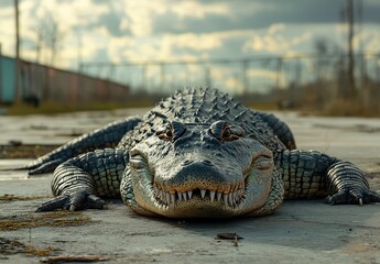 Fototapeta premium Large Alligator Sunbathing on a Cracked Concrete Surface Under Dramatic Cloudy Sky in an Abandoned Area