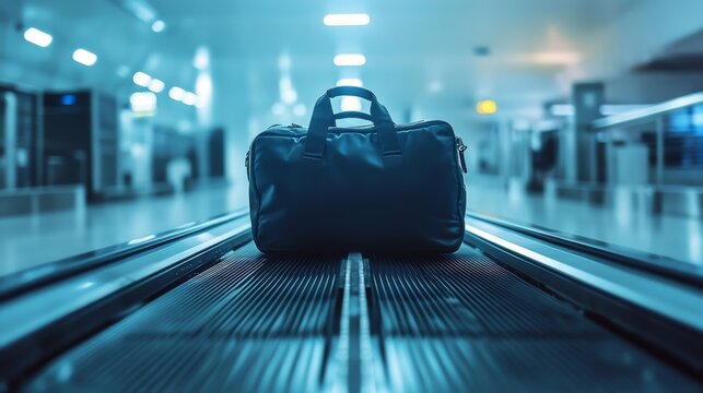 Close-up of carry-on bag entering X-ray scanner at airport security checkpoint during busy travel season