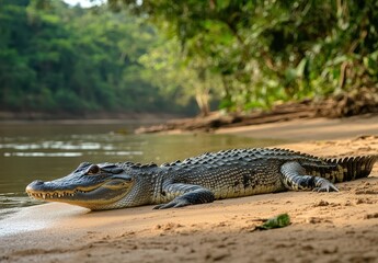 Fototapeta premium Large crocodile resting on sandy riverbank, surrounded by lush greenery and tranquil waters, basking in sunlight, showcasing its formidable presence in nature