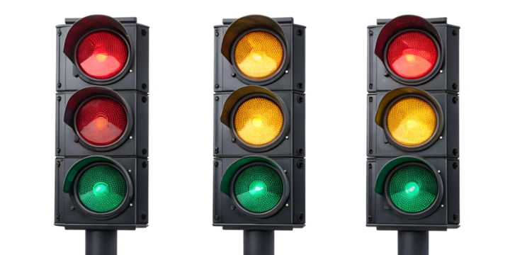 trio of vertical traffic lights displaying red, yellow, and green isolated on a white background png