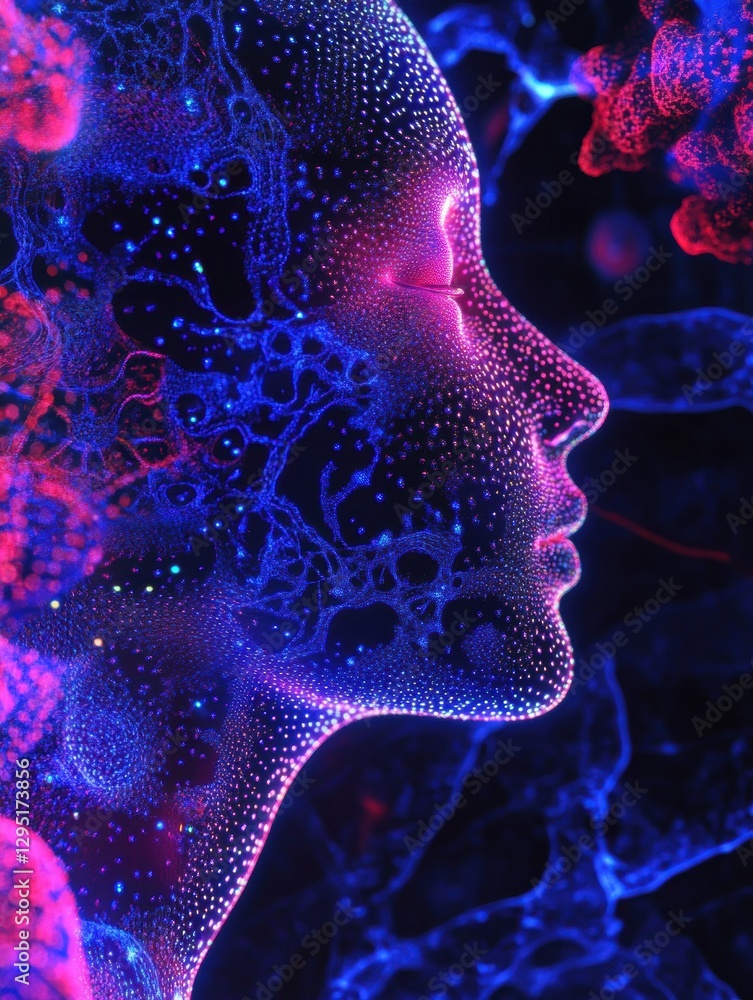 Poster Human head silhouette filled with glowing AI nodes and cosmic patterns exploring the depths of cyberpunk aesthetics. Generative AI