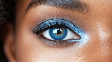 Fototapeta premium Closeup view of vibrant blue eye makeup highlighting natural beauty and captivating eye color