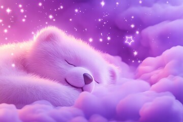 Fantasy Glowing Teddy Bear Sleeping Among Floating Stars and Dreamy Pastel Clouds