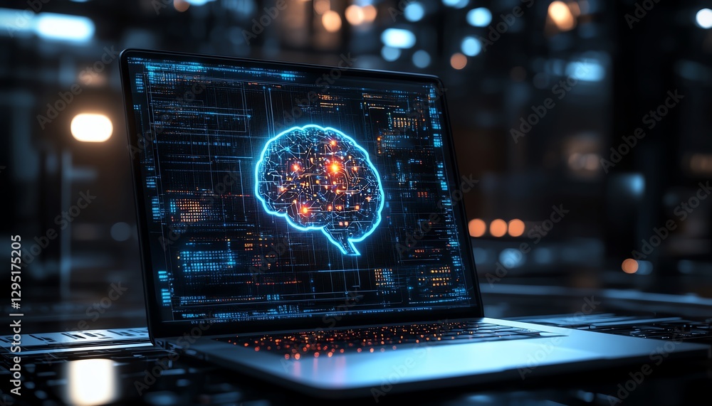 Poster ai technology on a laptop screen in a dark room, glowing data patterns, artificial intelligence algo