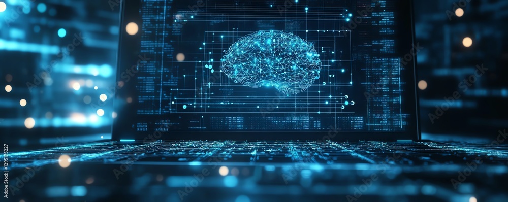 Poster artificial intelligence interface on a laptop screen, dark background, glowing neural network data, 