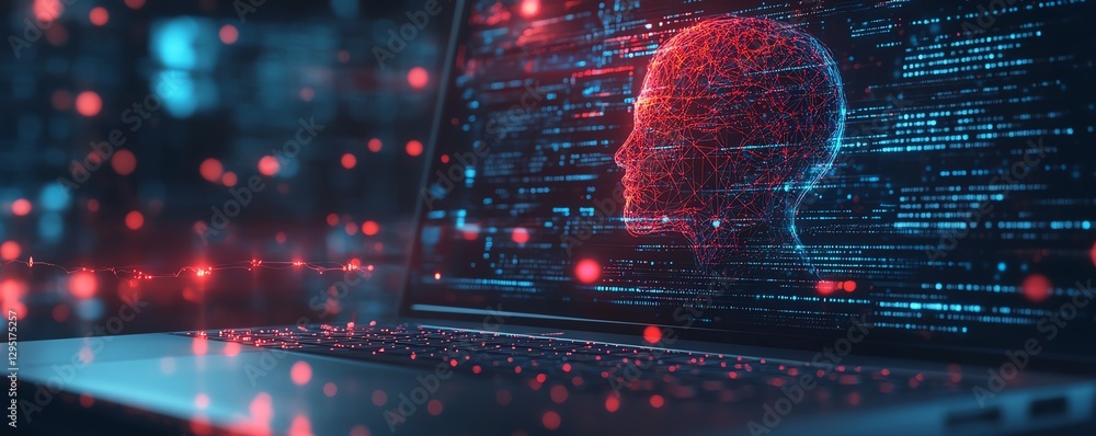 Poster artificial intelligence interface on a laptop screen, dark background, glowing neural network data, 