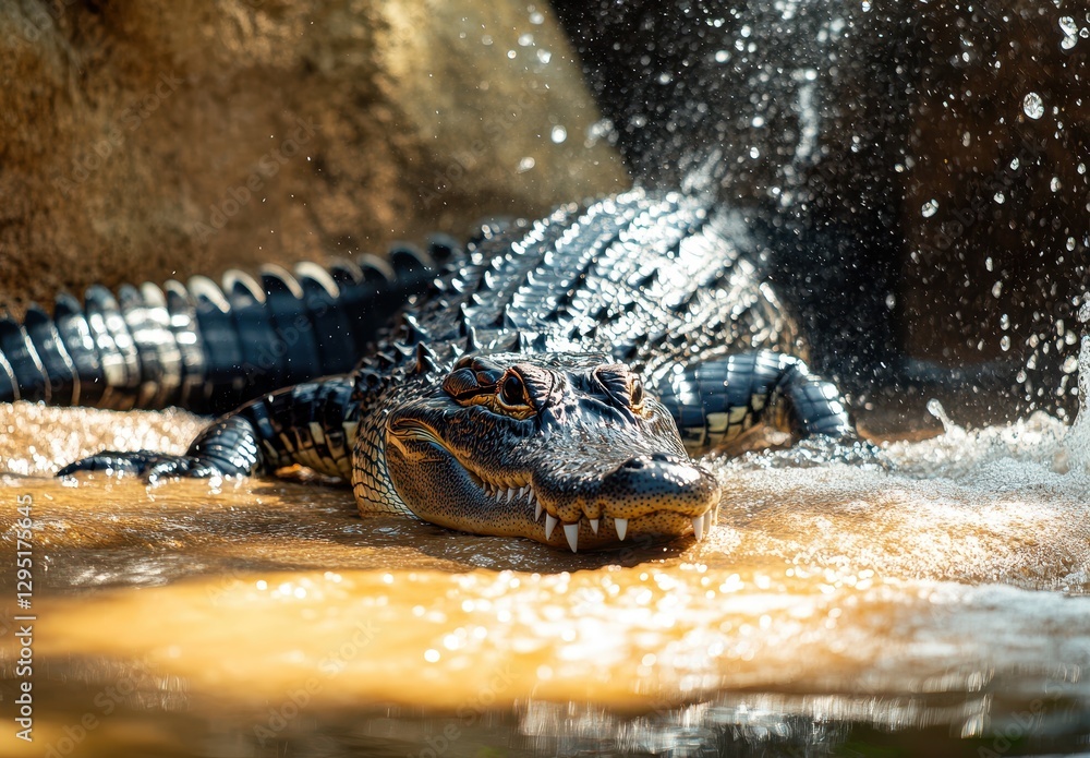 Aufkleber lying alligator relaxing by waterfall in sunlight with splashes and captivating textures of scales a