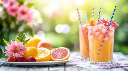 Fototapeta premium Two glasses of fresh juice sit beside a bowl of ripe strawberries on a wooden table, creating a vibrant and inviting scene.