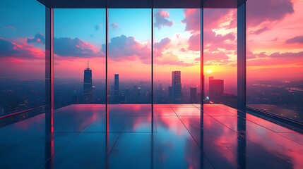 Fototapeta premium Empty office, city sunset view, skyscraper, pink sky, modern architecture, real estate, panoramic