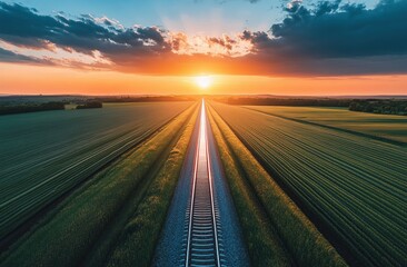 Fototapeta premium Sunset Railroad Journey Through Vast Fields: Aerial View of Golden Hour Landscape, Tranquil Scenery