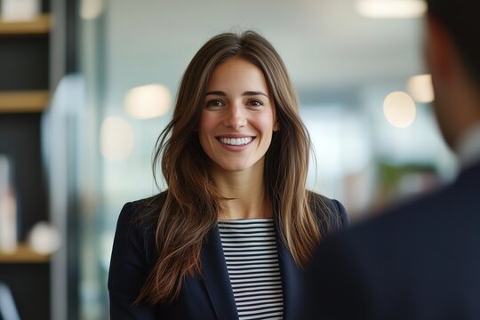  Smiling businesswoman looking at her colleague during a business meeting in a modern office environment