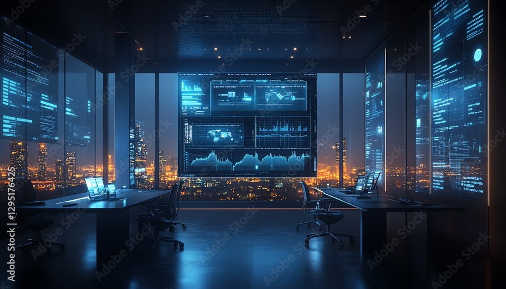 Poster futuristic office with aipowered screen displaying data analysis