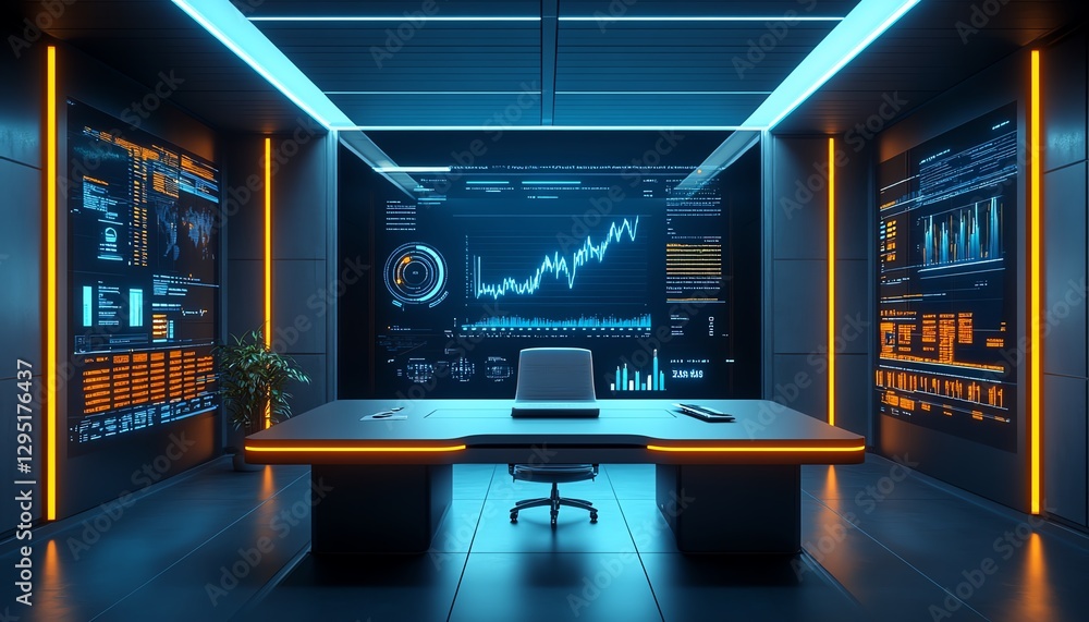 Aufkleber futuristic office with aipowered screen displaying data analysis