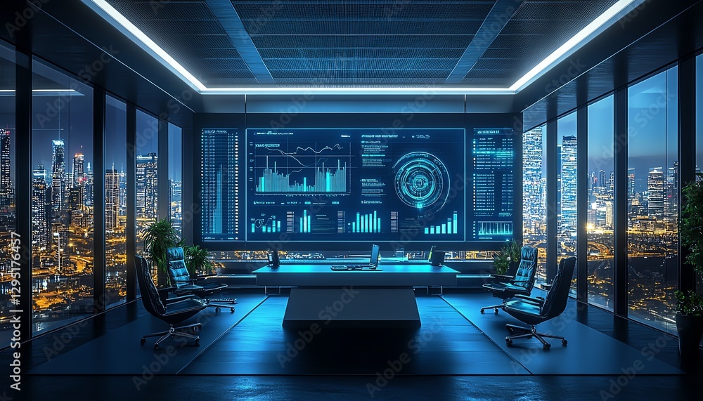 Poster futuristic office with aipowered screen displaying data analysis