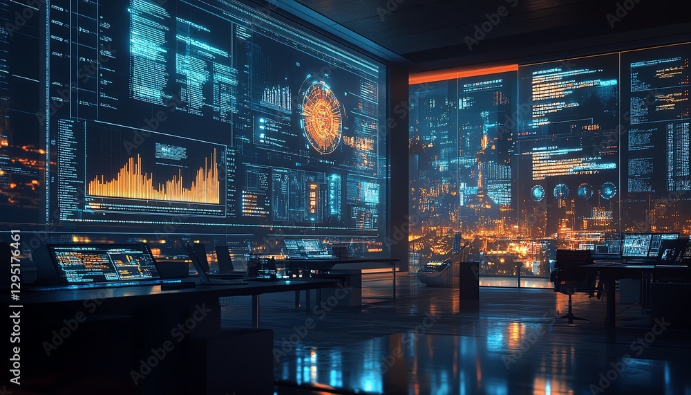 Poster futuristic office with aipowered screen displaying data analysis