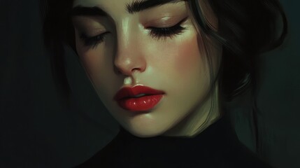 Fototapeta premium Woman's portrait, soft lighting, dark background, serene pose