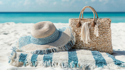 straw hat and woven bag rest on striped beach towel by ocean, evoking serene and relaxing beach day