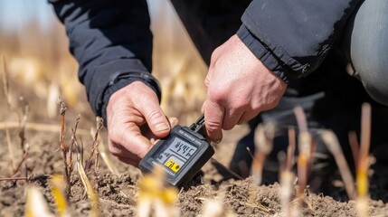 A soil moisture meter checking hydration levels in freshly planted bare root trees.