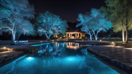 1. Nighttime Light Decorations on Bridge and Trees by the Pool