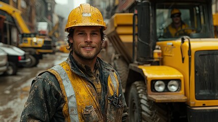 Smiling construction worker on city job site