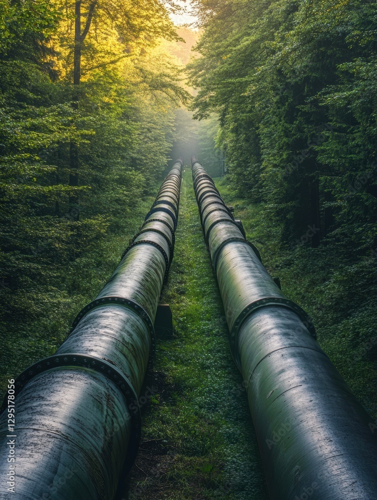 Poster Gas pipelines traversing a green forest landscape at sunrise. Generative AI