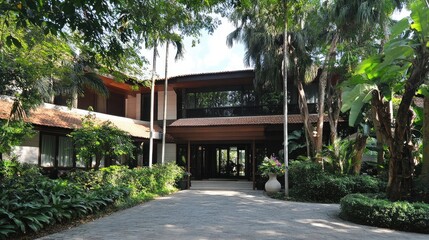 A spacious home with an elegant entrance flanked by mature trees.