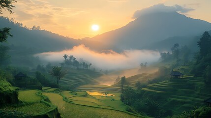 Sunrise over misty rice terraces, mountain valley