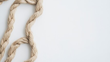 Twisted jute rope forming a loop resting gently on a white background showcasing its texture and natural color
