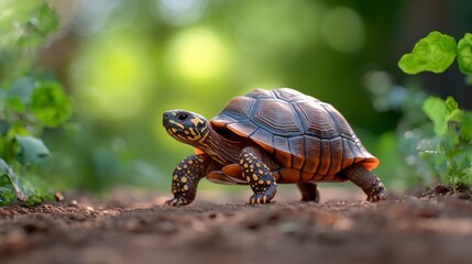 Obraz premium A turtle walking on a dirt path surrounded by lush greenery in a serene outdoor setting